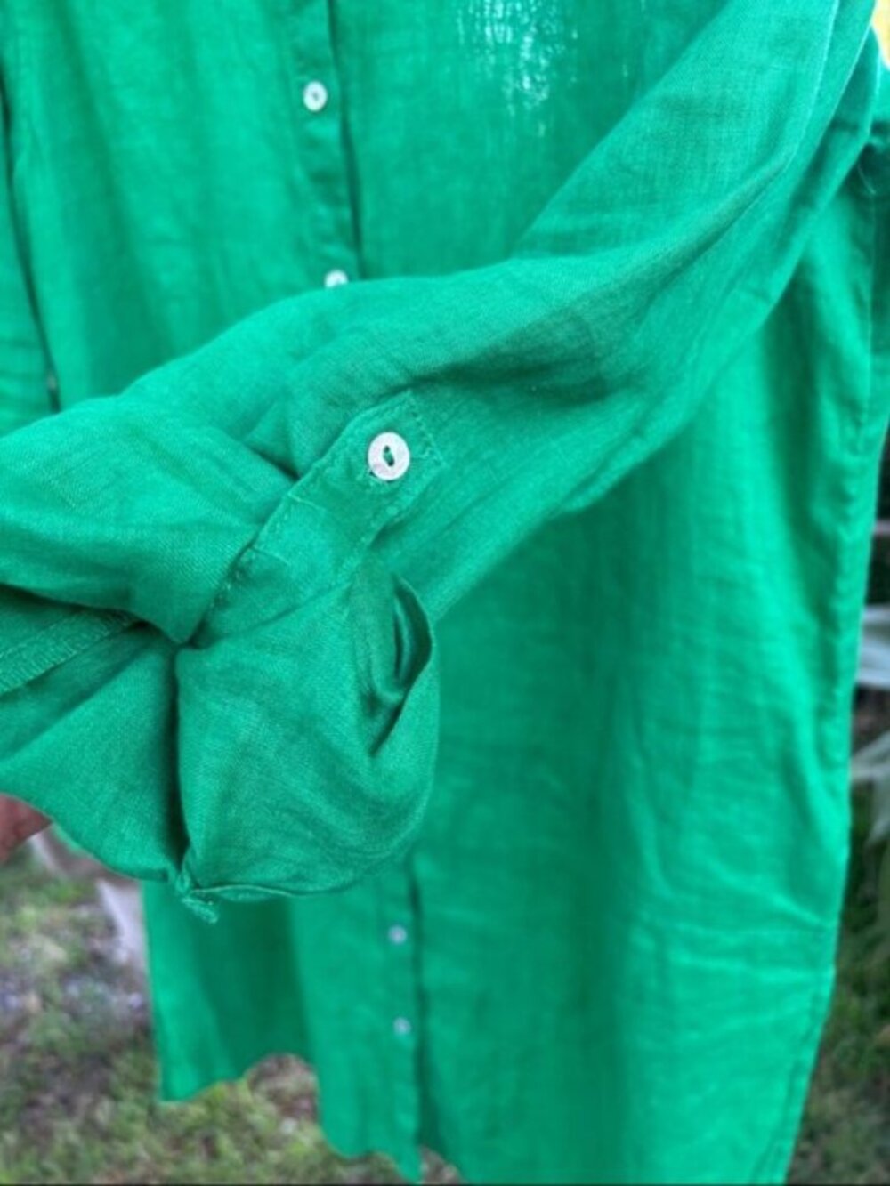 Tahari (M) Kelly Green 100% Linen Mini Shirt Dress or Beach Coverup - Picture 5 of 9